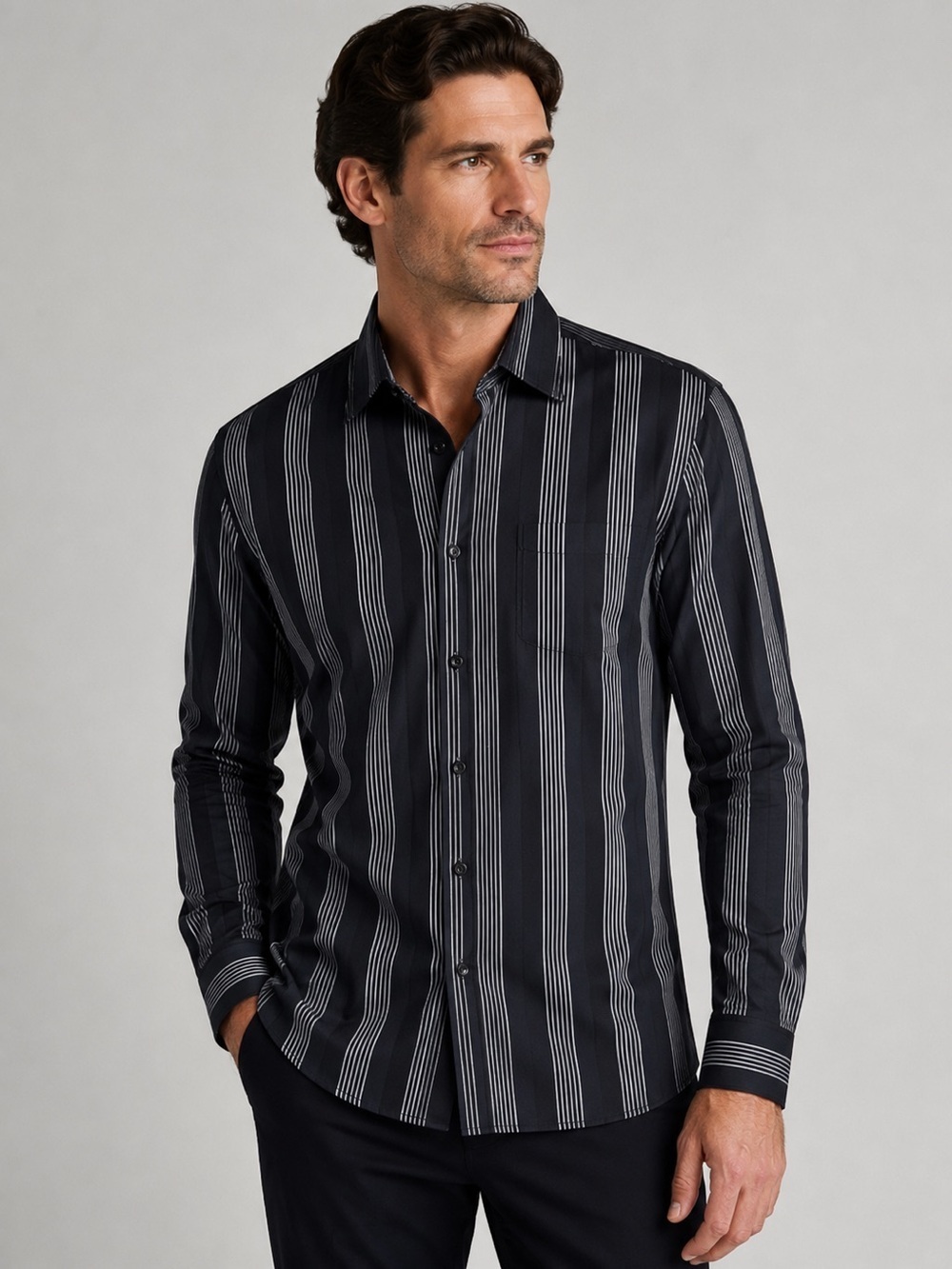 Bugatchi Uomo Black White Striped Flip Cuff Cotton Button Up Shirt XXL Pocket